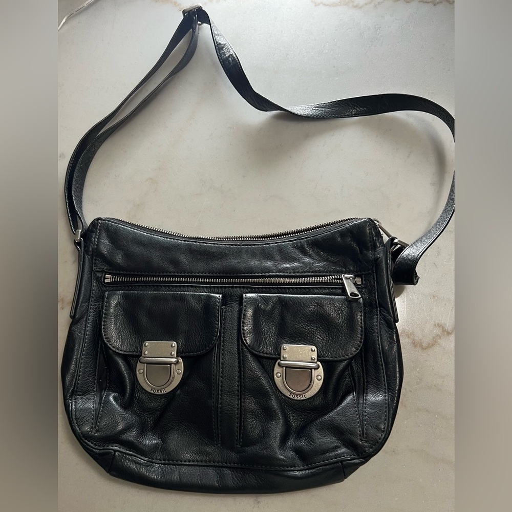 Fossil Purse Riley Genuine Leather Black Push Lock Cross Body Shoulder Bag